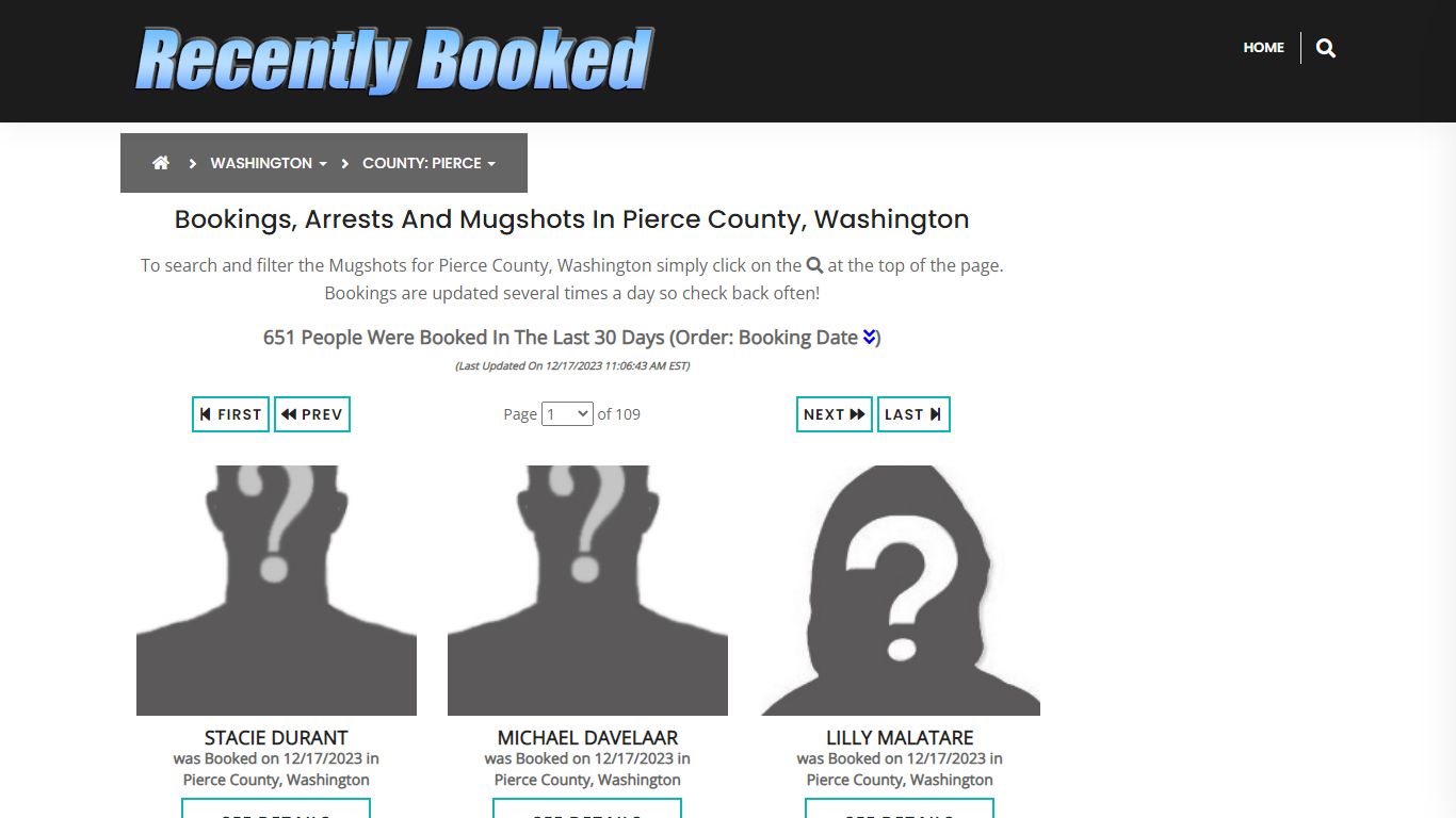 Bookings, Arrests and Mugshots in Pierce County, Washington